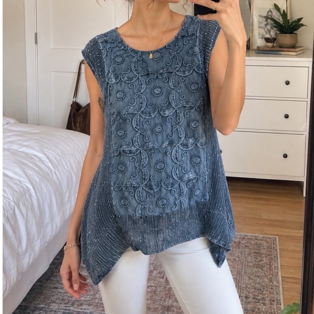 Boho blue embroidered asymmetrical fairy high low sequin sheer knitted blouse S